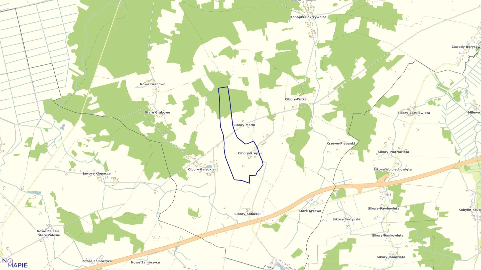 Mapa obrębu CIBORY KRUPY w gminie Zawady